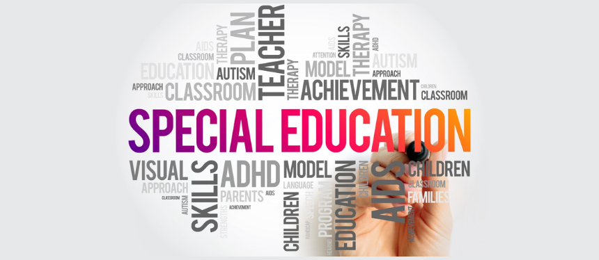 Word art with special education termininology, like Special Education, ADHD, Teacher, Achievement, Skills, Visual and Model.