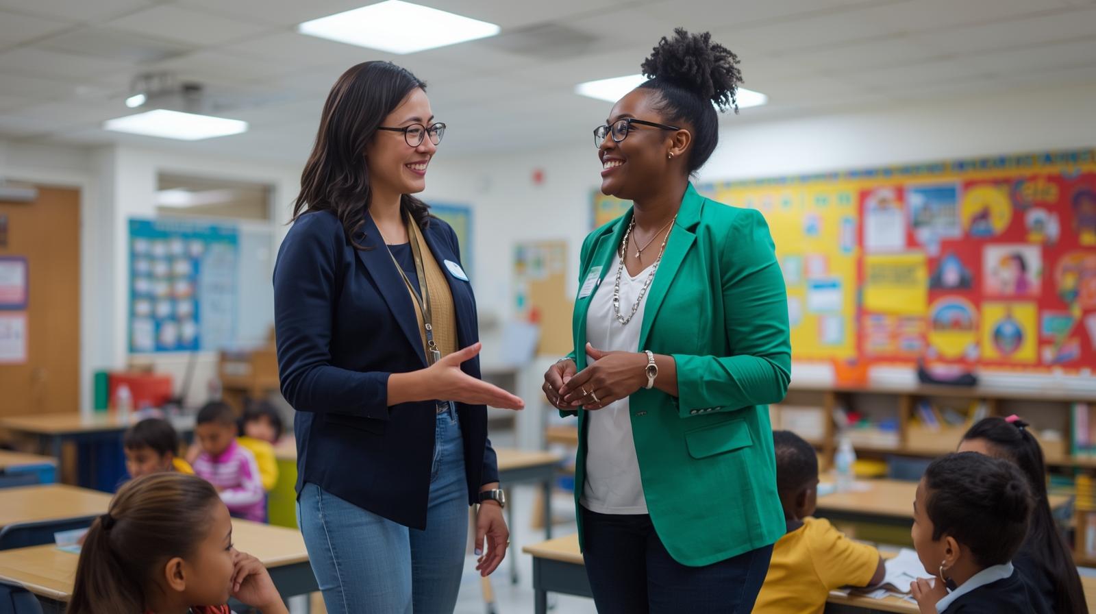 Two female teachers of different ethnic backgrounds standing in a bright classroom and smiling as they collaborate, with elementary students visible at desks in the foreground and backgrou