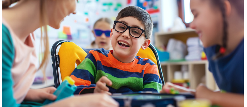 A joyful classroom scene showing three children sitting at a table together, smiling and engaged in a collaborative learning activity. A boy with glasses in the center wears a colorful striped sweater, flanked by two girls who are interacting with him in an inclusive, friendly environment.
