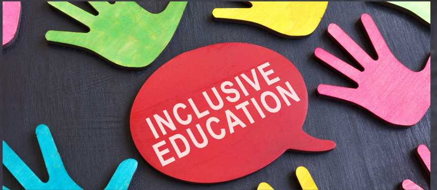A dark background featuring colorful cutouts of hands surrounding a central red speech bubble that reads "INCLUSIVE EDUCATION" in bold white text.