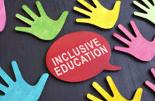 A dark background featuring colorful cutouts of hands surrounding a central red speech bubble that reads "INCLUSIVE EDUCATION" in bold white text.