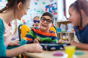 A joyful classroom scene showing three children sitting at a table together, smiling and engaged in a collaborative learning activity. A boy with glasses in the center wears a colorful striped sweater, flanked by two girls who are interacting with him in an inclusive, friendly environment.