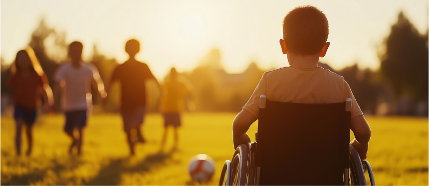 A backlit, golden-hour shot of a young boy in a wheelchair watching a group of children playing soccer in a grassy field.