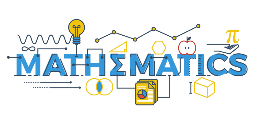 The word MATHEMATICS in blue block letters with various math symbols and icons such as a lightbulb, graph, apple, pi symbol, and cube surrounding it.