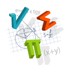 Three-dimensional mathematical symbols like the square root, pi, and sigma, are arranged over a grid with geometric diagrams and equations.