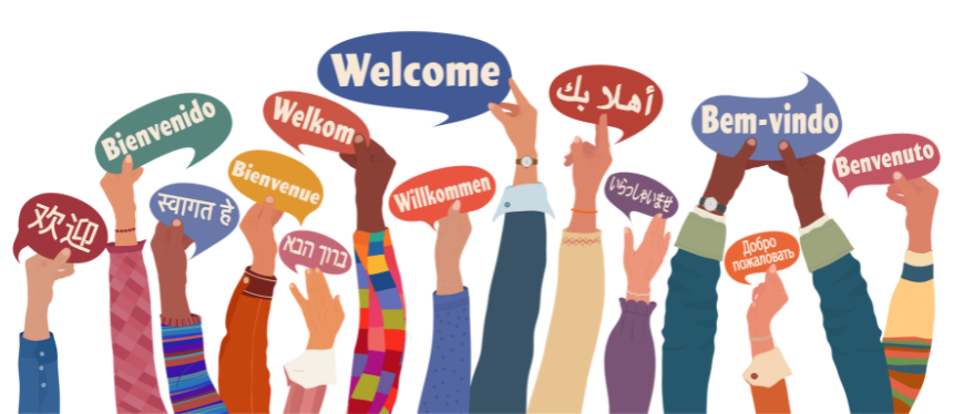 Multiple hands holding speech bubbles with the word "Welcome" written in various languages, including Spanish, Dutch, French, Hindi, Hebrew, German, Arabic, Japanese, Portuguese, Italian, and Russian.
