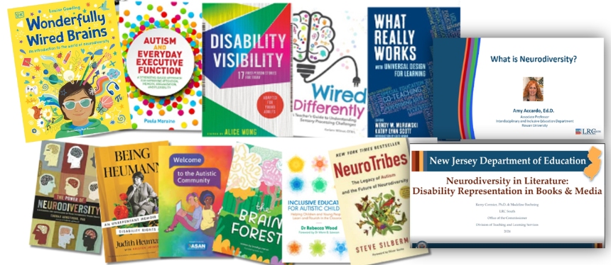 A collage showcasing various neurodiversity educational resources. Theleft side features a collection of book covers related to autism, neurodiversity, and disability, such as "NeuroTribes," "Being Heumann," "Disability Visibility," and "Wonderfully Wired Brains." The right side contains two video player thumbnails, including topics on neurodiversity.