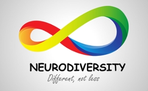 A vibrant, multicolored infinity symbol representing neurodiversity, displayed above the text "NEURODIVERSITY" in bold, black lettering, with the slogan "Different, not less" written in a smaller, grey script font below it.