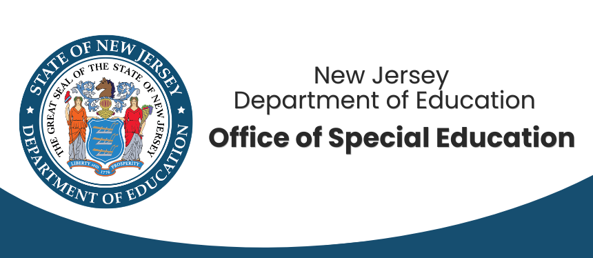 The NJDOE seal on a white banner with blue wave at bottom. The text reads New Jersey Department of Education Office of Special Education.
