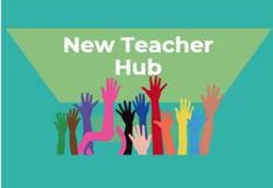 A graphic banner with a green and teal geometric background featuring the text "New Teacher Hub" in bold white letters. Below the text, a vibrant group of stylized, multi-colored cartoon hands are raised in the air.