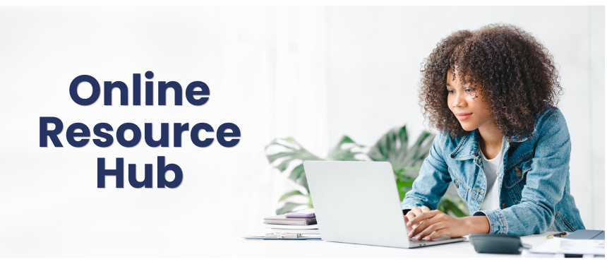 A website banner titled "Online Resource Hub" featuring a young woman with curly hair sitting at a desk and typing on her laptop against a bright, minimalist background