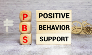 Wooden blocks arranged to spell out the acronym PBS. Three stacked wooden dice on the left display the red letters P, B, and S vertically. To their right, three stacked rectangular wooden blocks display the words "POSITIVE," "BEHAVIOR," and "SUPPORT" in bold black text.