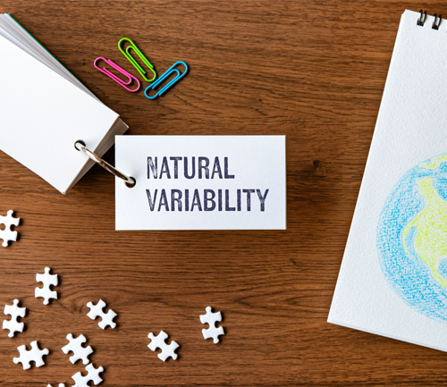 A wood background with colored paperclips, a ring of white flashcard including the text "natural variability," white puzzle pieces and a white notepad with an illustrated green and blue globe centered on the cover page. 